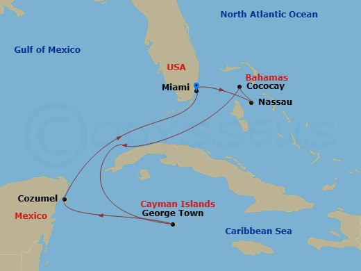 7 Night - Western Caribbean Cruise - Independence of the Seas - Starting in Miami, Florida, Nassau, Bahamas, Perfect Day Cococay, Bahamas, George Town, Grand Cayman, Cozumel, Mexico, Miami, Florida itinerary map