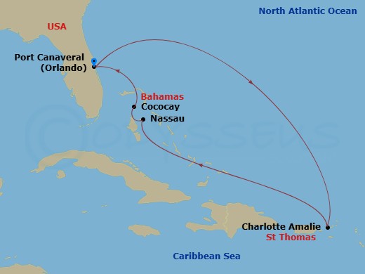 7 Night - Eastern Caribbean & Perfect Day - Harmony of the Seas - Starting in Orlando (Port Canaveral), Fl, Charlotte Amalie, St Thomas, Nassau, Bahamas, Perfect Day Cococay, Bahamas, Orlando (Port Canaveral), Fl itinerary map