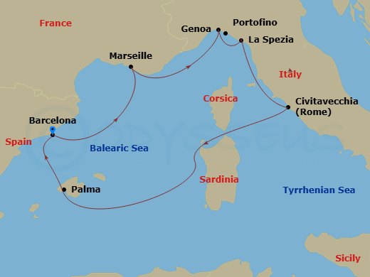7 Night - Mediterranean - MSC Grandiosa - Starting in Barcelona, Spain, Marseille (Provence), France, Genoa (Portofino), Italy, La Spezia (Cinque Terre), Italy, Civitavecchia (Rome), Italy, Palma De Mallorca (Balearic Islands), Spain, Barcelona, Spain itinerary map