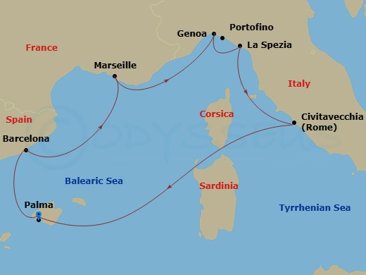 7 Night - Mediterranean - MSC Grandiosa - Starting in Palma De Mallorca (Balearic Islands), Spain, Barcelona, Spain, Marseille (Provence), France, Genoa (Portofino), Italy, La Spezia (Cinque Terre), Italy, Civitavecchia (Rome), Italy, Palma De Mallorca (Balearic Islands), Spain itinerary map