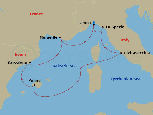 7 Night - Mediterranean - MSC Grandiosa - Starting in Genoa (Portofino), Italy, La Spezia (Cinque Terre), Italy, Civitavecchia (Rome), Italy, Palma De Mallorca (Balearic Islands), Spain, Barcelona, Spain, Marseille (Provence), France, Genoa (Portofino), Italy itinerary map