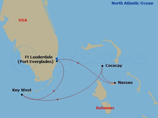 4 Night - Key West & Perfect Day Cruise - Celebrity Reflection - Starting in Fort Lauderdale, Florida, Key West, Florida, Perfect Day Cococay, Bahamas, Nassau, Bahamas, Fort Lauderdale, Florida itinerary map