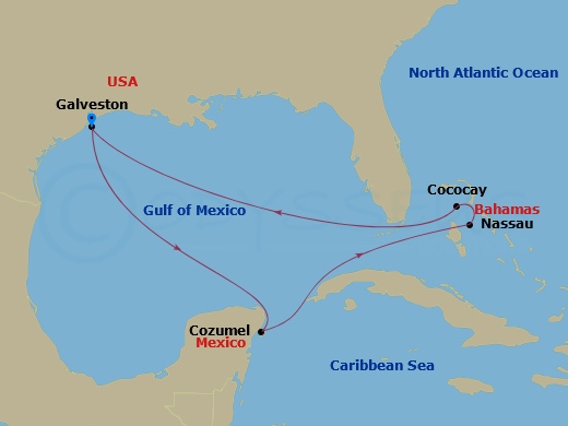 8 Night - Western Caribbean & Perfect Day - Symphony of the Seas - Starting in Galveston, Texas, Cozumel, Mexico, Nassau, Bahamas, Perfect Day Cococay, Bahamas, Galveston, Texas itinerary map