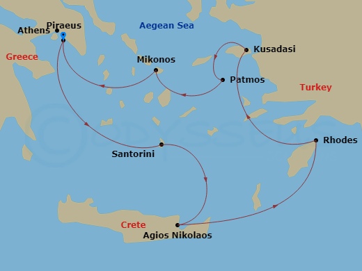 7 Night - Greece Intensive Cruise : Santorini, Rhodes & Mykonos - Azamara Quest - Starting in Athens (Piraeus), Santorini, Agios Nikolaos, (Crete), Rhodes, Ephesus (Kusadasi), Patmos, Mykonos, Athens (Piraeus) itinerary map