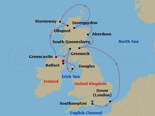 11 Night - Discovering Scotland - Oceania Marina - Starting in London (Southampton), London (Dover UK), Edinburgh (South Queensferry), Aberdeen, Invergordon, United Kingdom, Stornoway (Hebrides), Ullapool, Greencastle, Glasgow (Greenock), Douglas, Belfast itinerary map