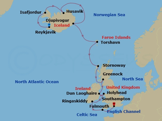 12 Night - Iceland to British Isles - Oceania Marina - Starting in Reykjavik, Isafjordur, Husavik, Djupivogur, Torshavn, Faroe Islands, Stornoway (Hebrides), Glasgow (Greenock), Dublin (Dun Laoghaire), Holyhead, Cork (Ringaskiddy), Falmouth (Cornwall), London (Southampton) itinerary map