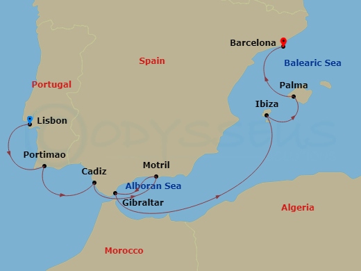 7 Night - Europe - Norwegian Dawn - Starting in Lisbon, Portugal, Portimao, Portugal, Cadiz / Seville, Spain, Motril, Spain, Gibraltar, Ibiza, Spain, Palma Majorca, Spain, Barcelona, Spain itinerary map