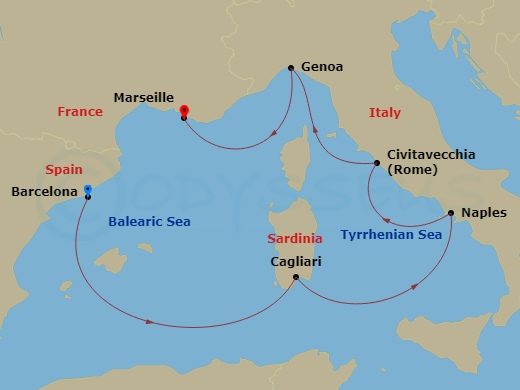 6 Night - Western Mediterranean from Barcelona - Costa Toscana - Starting in Barcelona, Cagliari, Napoli, Civitavecchia (Rome), Genoa (Portofino), Marseille itinerary map