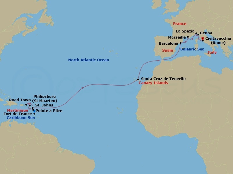 18 Night - Msc Grand Voyages - MSC World Europa - Starting in Fort-de-France, Martinique, Pointe-A-Pitre, Guadeloupe, Philipsburg, St Maarten, Road Town (Tortola), British Virgin Islands, St Johns AG, Antigua, Santa Cruz de Tenerife, Barcelona, Spain, Marseille (Provence), France, Genoa (Portofino), Italy, La Spezia (Cinque Terre), Italy, Civitavecchia (Rome), Italy itinerary map