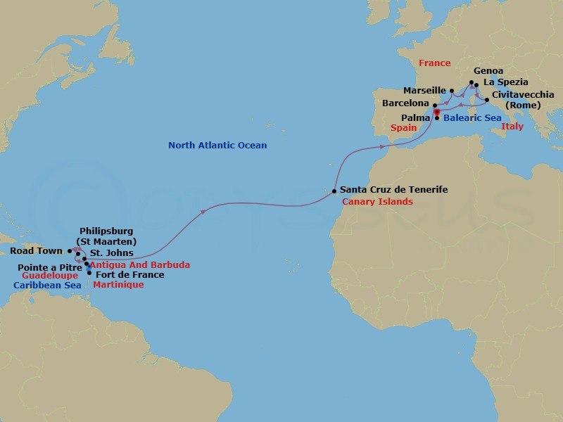 20 Night - Msc Grand Voyages - MSC World Europa - Starting in Fort-de-France, Martinique, Pointe-A-Pitre, Guadeloupe, Philipsburg, St Maarten, Road Town (Tortola), British Virgin Islands, St Johns AG, Antigua, Santa Cruz de Tenerife, Barcelona, Spain, Marseille (Provence), France, Genoa (Portofino), Italy, La Spezia (Cinque Terre), Italy, Civitavecchia (Rome), Italy, Palma De Mallorca (Baleari Is), Spain itinerary map