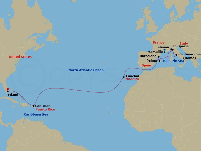 19 Night - Msc Grand Voyages - MSC Grandiosa - Starting in Marseille (Provence), France, Genoa (Portofino), Italy, La Spezia (Cinque Terre), Italy, Civitavecchia (Rome), Italy, Palma De Mallorca (Balearic Islands), Spain, Barcelona, Spain, Funchal (Madeira Islands), Portugal, San Juan, Puerto Rico, Miami, Florida itinerary map