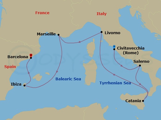 9 Night - Rome & Etruria Pre Cruisetour - Norwegian Epic Tours - Starting in At Hotel, Civitavecchia Rome, Italy, Amalfi Coast (Salerno), Italy, Catania, Italy, Livorno / Florence / Pisa, Italy, Provence, Marseille, France, Ibiza, Spain, Barcelona, Spain itinerary map