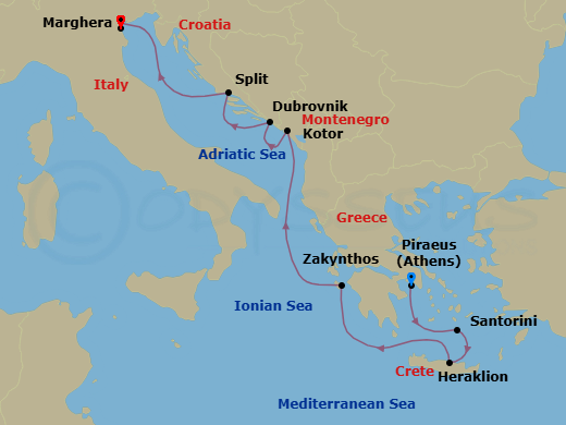 7 Night - Eastern Mediterranean from Athens (Pireo) - Costa Deliziosa - Starting in Athens (Piraeus), Santorini, Heraklion, Zakynthos, Kotor, Montenegro, Dubrovnik, Croatia, Split, Croatia, Marghera itinerary map