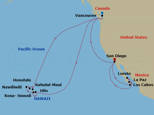28 Night - Circle Hawaii, Pacific Coastal & Sea of Cortez - Koningsdam - Starting in Vancouver, BC, CA, Kahului, Maui, Honolulu, Hawaii, Nawiliwili, Kauai, Hawaii, Kona, Hawaii, Hilo, Hawaii, Vancouver, BC, CA, San Diego, California, Loreto, Mexico, Pichilingue (La Paz), Mexico, Cabo San Lucas, Mexico, San Diego, California itinerary map