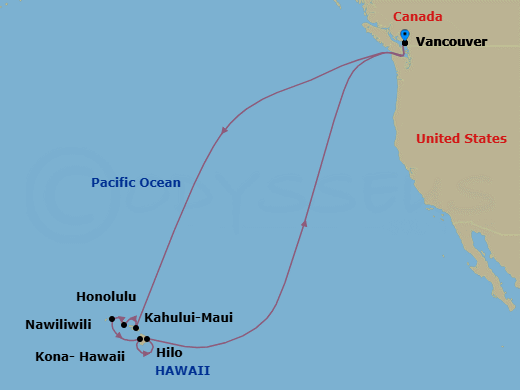 17 Night - Circle Hawaii - Koningsdam - Starting in Vancouver, BC, CA, Kahului, Maui, Honolulu, Hawaii, Nawiliwili, Kauai, Hawaii, Kona, Hawaii, Hilo, Hawaii, Vancouver, BC, CA itinerary map