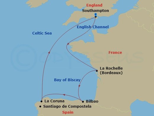 6 Night - Northern Europe - MSC Meraviglia - Starting in Southampton (London), United Kingdom, La Rochelle, France, Bilbao, Spain, La Coruna (Santiago De Compostela), Spain, Southampton (London), United Kingdom itinerary map