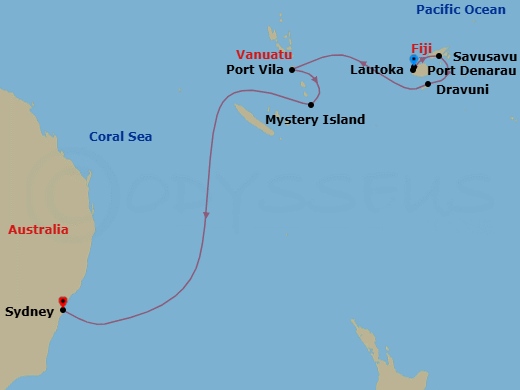 11 Night - South Pacific - Norwegian Spirit - Starting in Lautoka, Fiji, Denarau, Fiji, Savusavu, Fiji, Dravuni, Fiji, Port Vila, Vanuatu, Mystery Island, Vanuatu, Sydney AU itinerary map