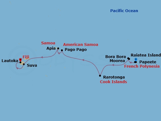 13 Night - South Pacific - Norwegian Spirit - Starting in Papeete, French Polynesia, Moorea, French Polynesia, Bora Bora, French Polynesia, Raiatea, French Polynesia, Rarotonga, Cook Islands, Pago Pago, American Samoa, Cross International Dateline, at Sea, Apia, Samoa, Suva, Fiji, Lautoka, Fiji itinerary map