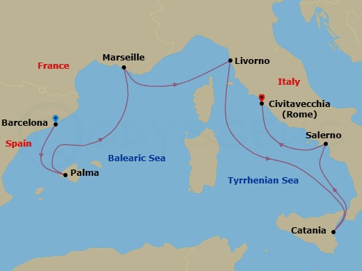 7 Night - Europe - Western Mediterranean - Barcelona - Norwegian Epic - Starting in Barcelona, Spain, Palma Majorca, Spain, Provence, Marseille, France, Livorno / Florence / Pisa, Italy, Catania, Italy, Amalfi Coast (Salerno), Italy, Civitavecchia Rome, Italy itinerary map