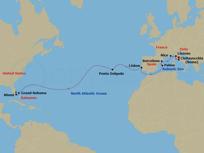 16 Night - Repo - Transatlantic - Norwegian Sun - Starting in Miami, Fl, Grand Bahama Island, Bahamas, Ponta Delgada, Portugal, Lisbon, Portugal, Palma Majorca, Spain, Barcelona, Spain, Nice / Monaco (Villefranche), France, Livorno / Florence / Pisa, Italy, Civitavecchia Rome, Italy itinerary map
