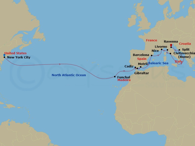 19 Night - Repo - Transatlantic - Norwegian Gem - Starting in New York City, Ny, Funchal, Portugal, Cadiz / Seville, Spain, Gibraltar, Motril, Spain, Barcelona, Spain, Nice / Monaco (Villefranche), France, Livorno / Florence / Pisa, Italy, Civitavecchia Rome, Italy, Split, Croatia, Venice (Ravenna), Italy itinerary map