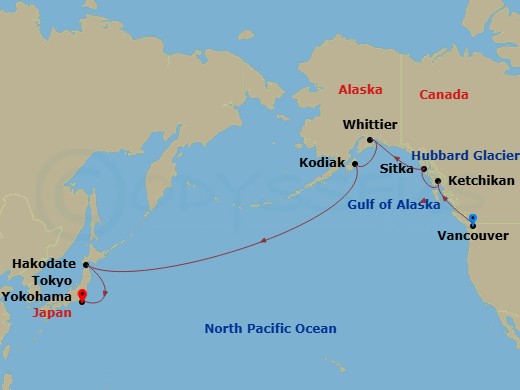 18 Night - Vancouver Scenic Pre Cruisetour - Norwegian Jade Tours - Starting in At Hotel, Vancouver, Canada, Ketchikan (Ward Cove), Ak, Sitka, Ak, Cruise Hubbard Glacier, Ak, Whittier, Ak, Kodiak, Cross International Dateline, at Sea, Hakodate, Japan, Tokyo (Yokohama), Japan itinerary map