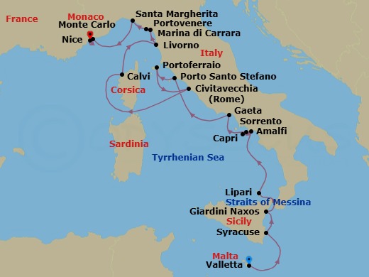 17 Night - Discover Coastal Shores and Hidden Gems - Emerald Sakara - Starting in Valletta, Malta, Syracuse IT, Sicily, Italy, Giardini Naxos, Sicily, Italy, Lipari, Italy, Amalfi, Italy, Capri, Italy, Sorrento, Italy, Gaeta, Italy, Porto Santo Stefano, Portoferraio, Italy, Civitavecchia (Rome), Italy, Calvi, Corsica, France, Livorno, Italy, Marina di Carrara, Italy, Porto Venere, Italy, Santa Margherita Ligure, Italy / Portofino, Italy, Monte Carlo, Monaco, Nice, France itinerary map
