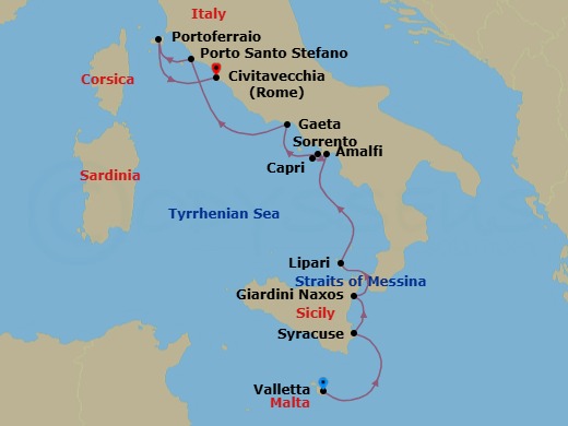 10 Night - Yachting Sicily to Elba via the Amalfi Coast - Emerald Sakara - Starting in Valletta, Malta, Syracuse IT, Sicily, Italy, Giardini Naxos, Sicily, Italy, Lipari, Italy, Amalfi, Italy, Capri, Italy, Sorrento, Italy, Gaeta, Italy, Porto Santo Stefano, Portoferraio, Italy, Civitavecchia (Rome), Italy itinerary map