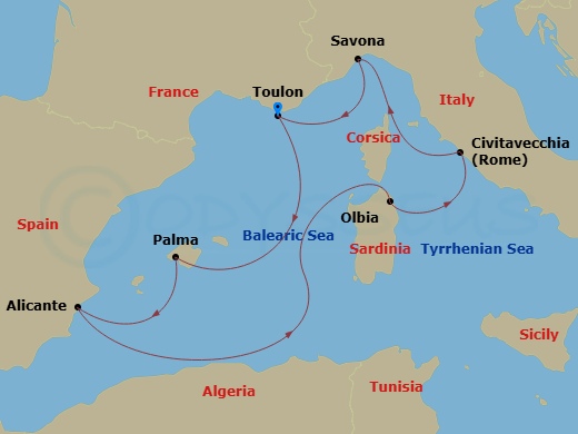 7 Night - Western Mediterranean from Toulon- La Seyne Sur Mer - Costa Pacifica - Starting in La Seyne (St Tropez), Palma De Mallorca, Alicante, Olbia, Civitavecchia (Rome), Savona, La Seyne (St Tropez) itinerary map