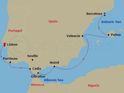 10 Night - Explore Barcelona Pre Cruisetour - Norwegian Dawn Tours - Starting in At Hotel, Barcelona, Spain, Palma Majorca, Spain, Valencia, Spain, Motril, Spain, Gibraltar, Cadiz / Seville, Spain, Portimao, Portugal, Lisbon, Portugal itinerary map