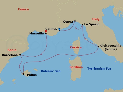 7 Night - Mediterranean - MSC Grandiosa - Starting in Cannes (Cote D Azur), France, Genoa (Portofino), Italy, La Spezia (Cinque Terre), Italy, Civitavecchia (Rome), Italy, Palma De Mallorca (Balearic Islands), Spain, Barcelona, Spain, Marseille (Provence), France itinerary map