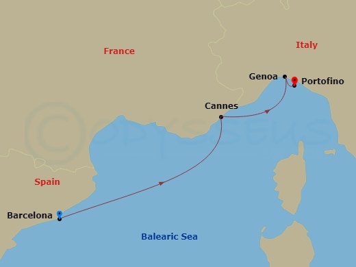 2 Night - Mediterranean - MSC Grandiosa - Starting in Barcelona, Spain, Cannes (Cote D Azur), France, Genoa (Portofino), Italy itinerary map