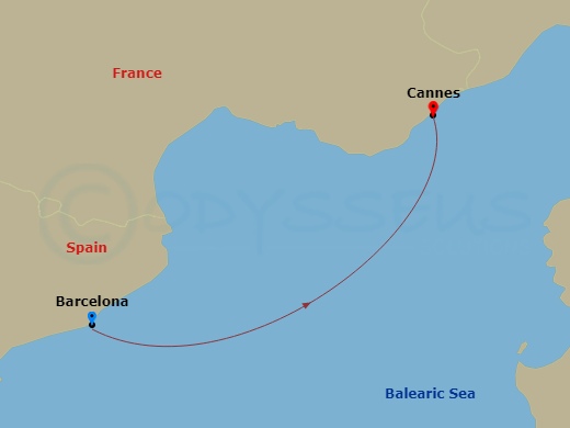 1 Night - Mediterranean - MSC Grandiosa - Starting in Barcelona, Spain, Cannes (Cote D Azur), France itinerary map