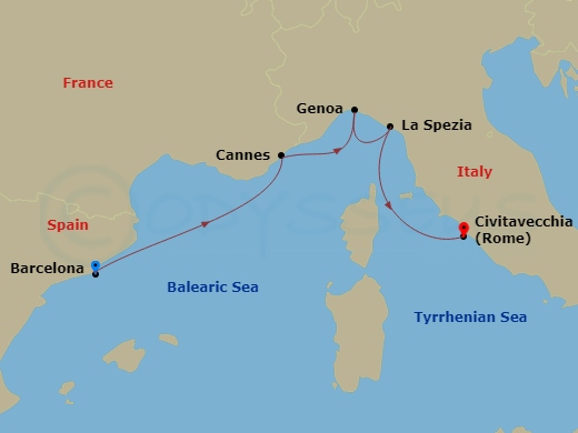 4 Night - Mediterranean - MSC Grandiosa - Starting in Barcelona, Spain, Cannes (Cote D Azur), France, Genoa (Portofino), Italy, La Spezia (Cinque Terre), Italy, Civitavecchia (Rome), Italy itinerary map