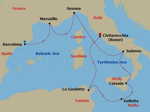 10 Night - Journeys - Eclipse - Carnival Sunshine - Starting in Barcelona, Spain, Marseilles (Provence), France, Savona, Italy, Salerno (Amalfi / Pompeii), Italy, Catania, Sicily, Italy, Valletta, Malta, La Goulette (Tunis), Tunisia, Civitavecchia (Rome), Italy itinerary map