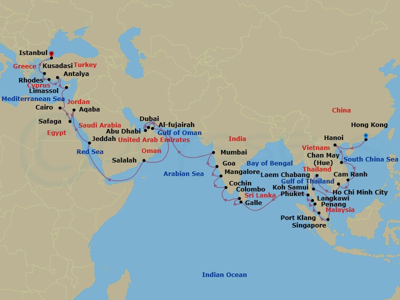 53 Night - Dynasties to Pharaohs - Oceania Nautica - Starting in Hong Kong, Hanoi (Ha Long Bay), Hue (Chan May), Cam Ranh, Saigon (Ho Chi Minh City), Bangkok (Laem Chabang), Ko Samui, Singapore, Kuala Lumpur (Port Klang), Penang, Langkawi, Phuket, Galle, Colombo, Cochin (Kochi), Mangalore, Goa (Mormugao), Mumbai, Fujairah, Dubai, Abu Dhabi, Salalah, Jeddah, Aqaba, Luxor (Safaga), Suez Canal (Transit), Cairo (Port Said), Limassol, Antalya, Rhodes, Ephesus (Kusadasi), Istanbul itinerary map