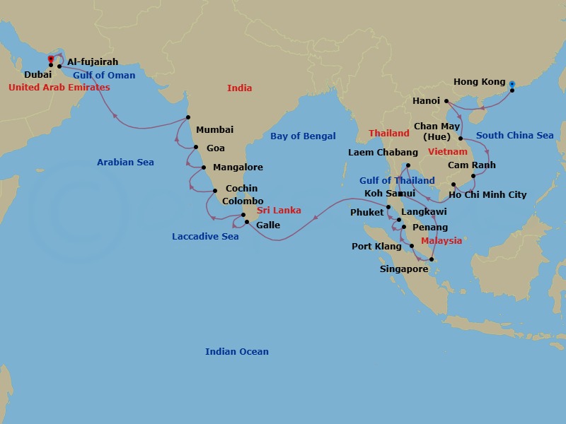 32 Night - Grand Asia Exploration - Oceania Nautica - Starting in Hong Kong, Hanoi (Ha Long Bay), Hue (Chan May), Cam Ranh, Saigon (Ho Chi Minh City), Bangkok (Laem Chabang), Ko Samui, Singapore, Kuala Lumpur (Port Klang), Penang, Langkawi, Phuket, Galle, Colombo, Cochin (Kochi), Mangalore, Goa (Mormugao), Mumbai, Fujairah, Dubai itinerary map