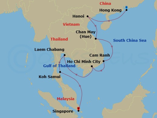 14 Night - Vietnamese Reflections - Oceania Nautica - Starting in Hong Kong, Hanoi (Ha Long Bay), Hue (Chan May), Cam Ranh, Saigon (Ho Chi Minh City), Bangkok (Laem Chabang), Ko Samui, Singapore itinerary map