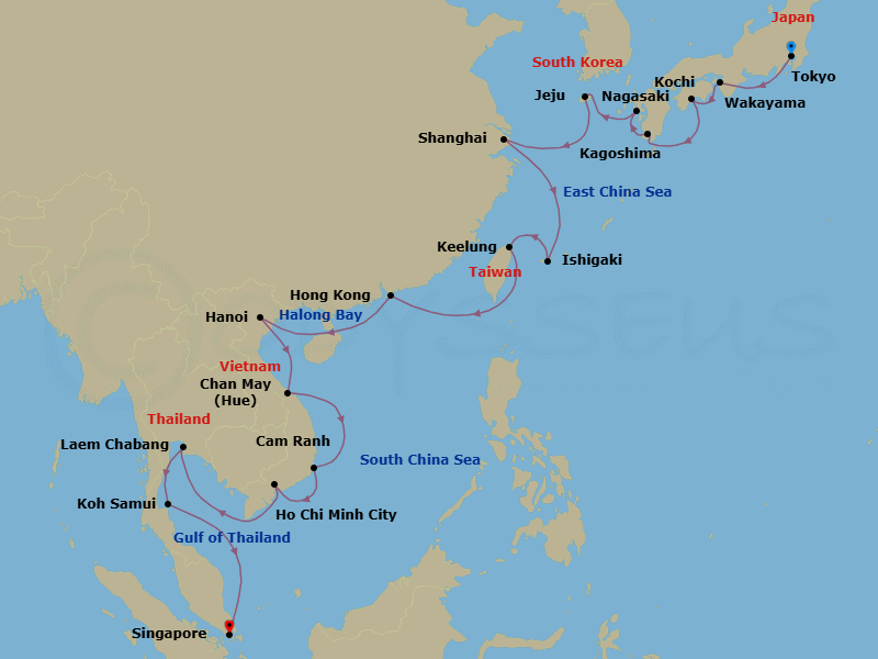 27 Night - Shinto & Zen Retreats - Oceania Nautica - Starting in Tokyo, Wakayama, Kochi, Kagoshima, Nagasaki, Jeju, Shanghai, Ishigaki, Taipei (Keelung), Hong Kong, Hanoi (Ha Long Bay), Hue (Chan May), Cam Ranh, Saigon (Ho Chi Minh City), Bangkok (Laem Chabang), Ko Samui, Singapore itinerary map