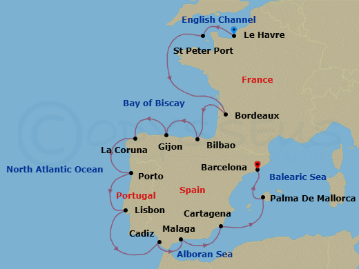 14 Night - Riches of France & Iberia - Oceania Insignia - Starting in Paris (Le Havre), St Peter Port, Guernsey, Bordeaux, Bilbao, Gijon, Spain, La Coruna, Oporto, Lisbon, Seville (Cadiz), Malaga, Cartagena ES, Palma De Mallorca, Barcelona itinerary map