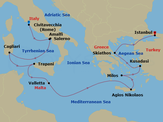 12 Night - Artifacts & Antiquities - Oceania Allura - Starting in Rome (Civitavecchia), Amalfi / Positano, Salerno, Cagliari (Sardinia), Trapani (Sicily), Valletta, Agios Nikolaos (Crete), Milos, Ephesus (Kusadasi), Skiathos, Istanbul itinerary map