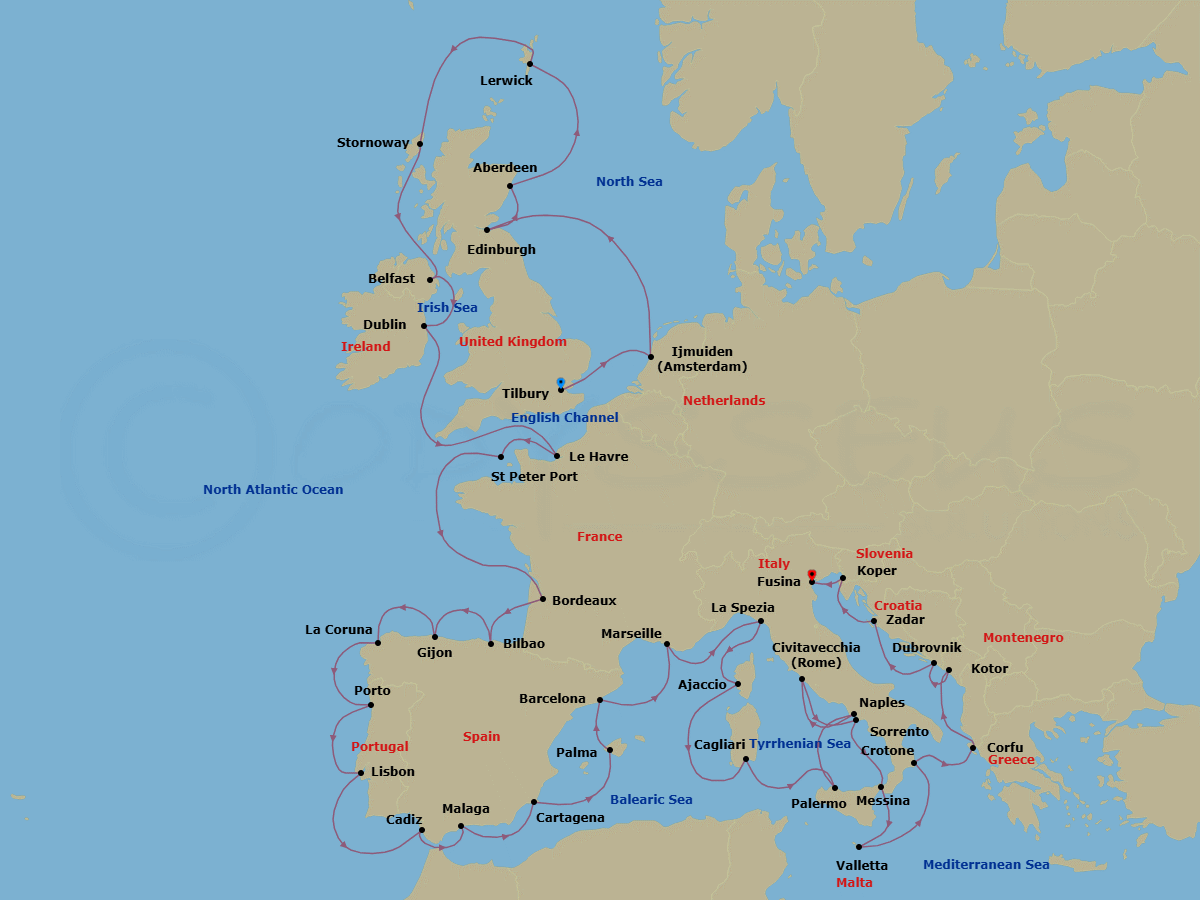 42 Night - Grand Europe Holiday - Oceania Insignia - Starting in London (Tilbury), Ijmuiden, Edinburgh (Newhaven), Aberdeen, Lerwick (Shetland Islands), Stornoway (Hebrides), Belfast, Dublin, Paris (Le Havre), St Peter Port, Guernsey, Bordeaux, Bilbao, Gijon, Spain, La Coruna, Oporto, Lisbon, Seville (Cadiz), Malaga, Cartagena ES, Palma De Mallorca, Barcelona, Provence (Marseille), Cinque Terre (La Spezia), Ajaccio (Corsica), Cagliari (Sardinia), Palermo (Sicily), Naples / Pompeii, Rome (Civitavecchia), Sorrento / Capri, Messina (Sicily), Valletta, Crotone (Calabria), Corfu, Kotor, Dubrovnik, Croatia, Zadar, Koper, Venice (Fusina) itinerary map