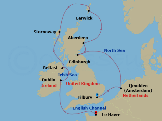 11 Night - Northern Europe Capitals - Oceania Insignia - Starting in London (Tilbury), Ijmuiden, Edinburgh (Newhaven), Aberdeen, Lerwick (Shetland Islands), Stornoway (Hebrides), Belfast, Dublin, Paris (Le Havre) itinerary map