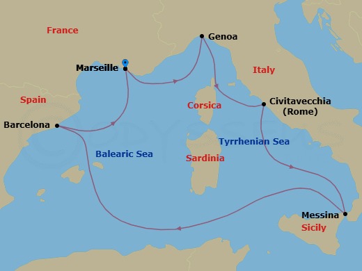6 Night - Mediterranean - MSC World Europa - Starting in Marseille (Provence), France, Genoa (Portofino), Italy, Civitavecchia (Rome), Italy, Messina (Taormina), Italy, Barcelona, Spain, Marseille (Provence), France itinerary map