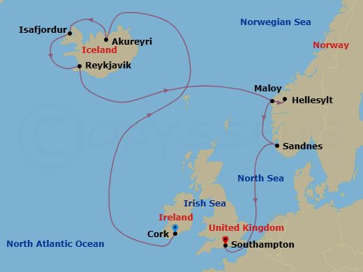 12 Night - Northern Europe - MSC Virtuosa - Starting in Cork, Ireland, Akureyri, Iceland, Isafjordur, Iceland, Reykjavik, Iceland, Maloy, Norway, Hellesylt, Norway, Sandnes, Norway, Southampton (London), United Kingdom itinerary map