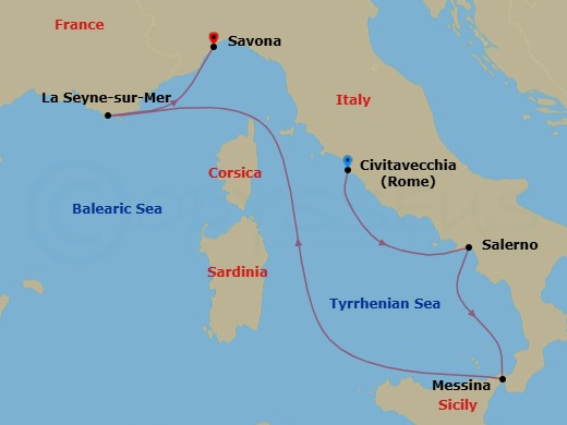 5 Night - Southern Europe from Rome (Civitavecchia) to Savona - Costa Fascinosa - Starting in Civitavecchia (Rome), Salerno (Amalfi Coast), Messina (Taormina), La Seyne (St Tropez), Savona itinerary map
