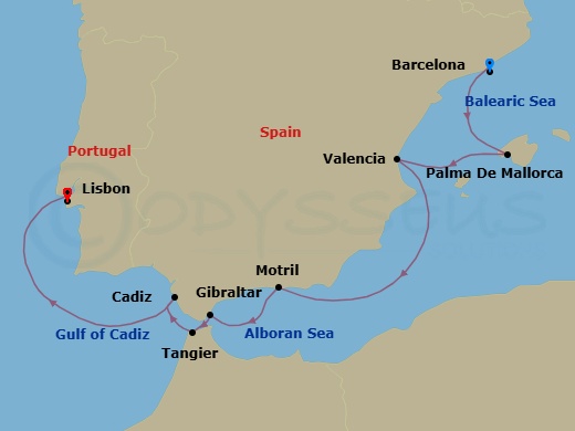 10 Night - Explore Barcelona Pre Cruisetour - Norwegian Dawn Tours - Starting in At Hotel, Barcelona, Spain, Palma Majorca, Spain, Valencia, Spain, Motril, Spain, Gibraltar, Tangier, Morocco, Cadiz / Seville, Spain, Lisbon, Portugal itinerary map