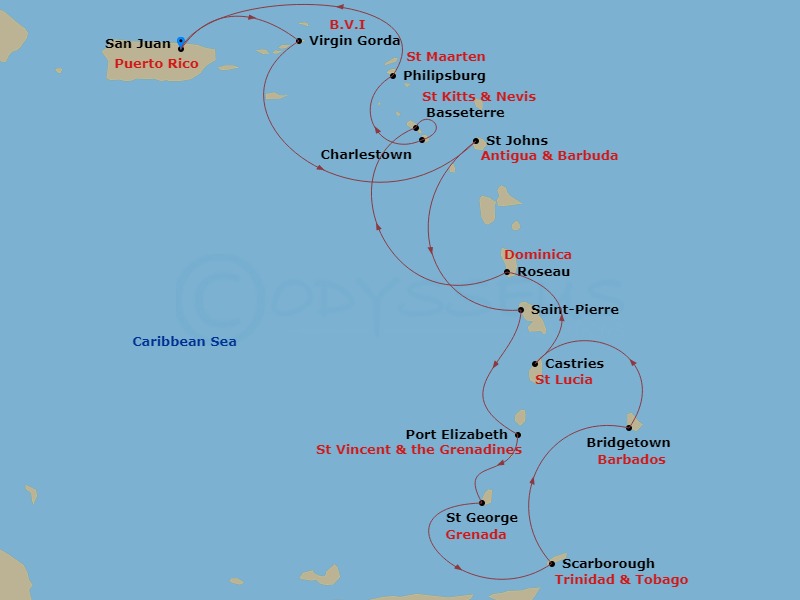 13 Night - Caribbean Combination Cruise : San Juan, Antigua & St. Lucia - Azamara Journey - Starting in San Juan, Virgin Gorda, St Johns AG, Saint-Pierre, Port Elizabeth VC, Bequia, Saint Georges, Grenada, Scarborough, Tobago, Bridgetown, Castries, Roseau, Basseterre, St Kitts, Charlestown, Nevis, Philipsburg, San Juan itinerary map