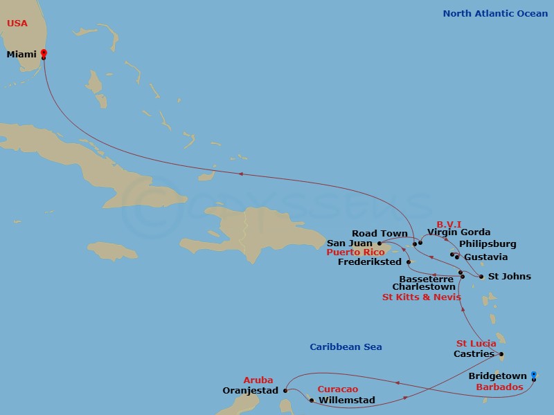 17 Night - Caribbean Combination Cruise : Barbados, Aruba & St. Barts - Azamara Journey - Starting in Bridgetown, Oranjestad, Willemstad AN, Castries, Charlestown, Nevis, Frederiksted, Saint Croix, San Juan, Virgin Gorda, Gustavia, Philipsburg, St Johns AG, Basseterre, St Kitts, Road Town, Tortola, Miami, Florida itinerary map
