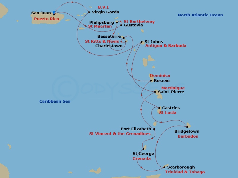 14 Night - Caribbean Combination Cruise : San Juan, Antigua & Barbados - Azamara Journey - Starting in San Juan, Virgin Gorda, St Johns AG, Saint-Pierre, Port Elizabeth VC, Bequia, Saint Georges, Grenada, Scarborough, Tobago, Bridgetown, Castries, Roseau, Basseterre, St Kitts, Charlestown, Nevis, Philipsburg, Gustavia, San Juan itinerary map